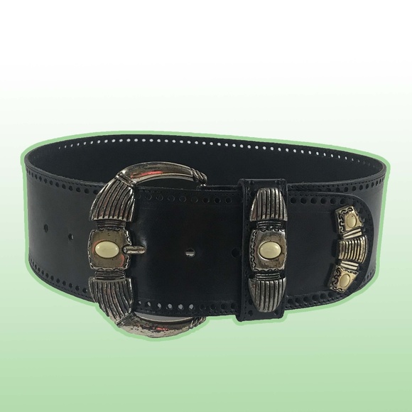 Vintage Accessories - Wide Black Leather Belt w/Unique Silver Hardware Vintage Accessories - Wide Black Leather Belt w/Unique Silver Hardware
